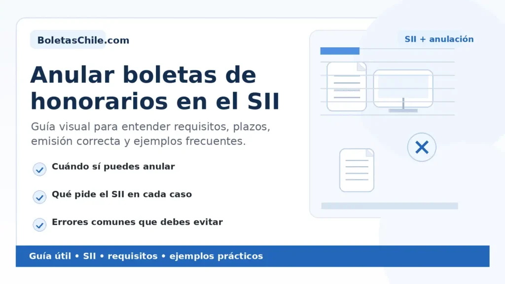 Imagen formal de BoletasChile.com sobre anular boletas de honorarios, requisitos, emisión en el SII y ejemplos.