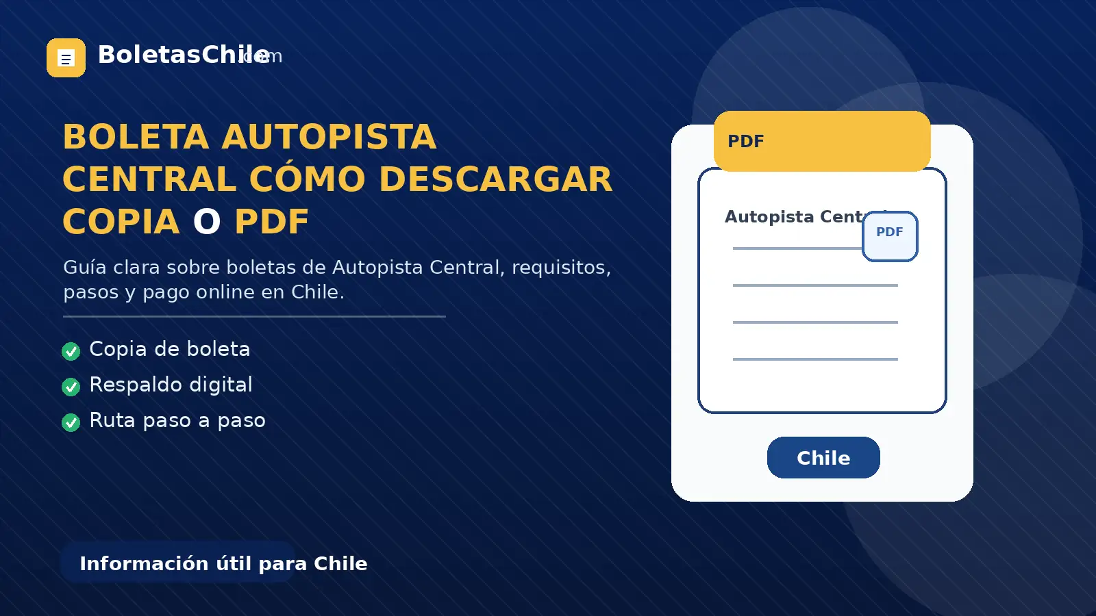 Imagen SEO de BoletasChile.com sobre boleta Autopista Central, cómo descargar copia o PDF en Chile.