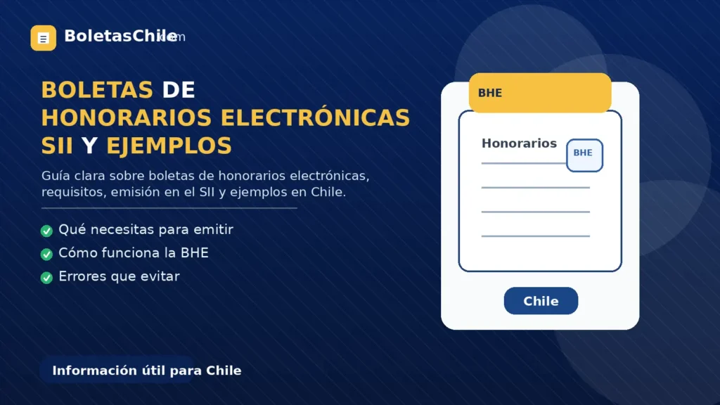 Imagen formal de BoletasChile.com sobre boletas de honorarios electrónicas, requisitos, emisión en el SII y ejemplos en Chile.