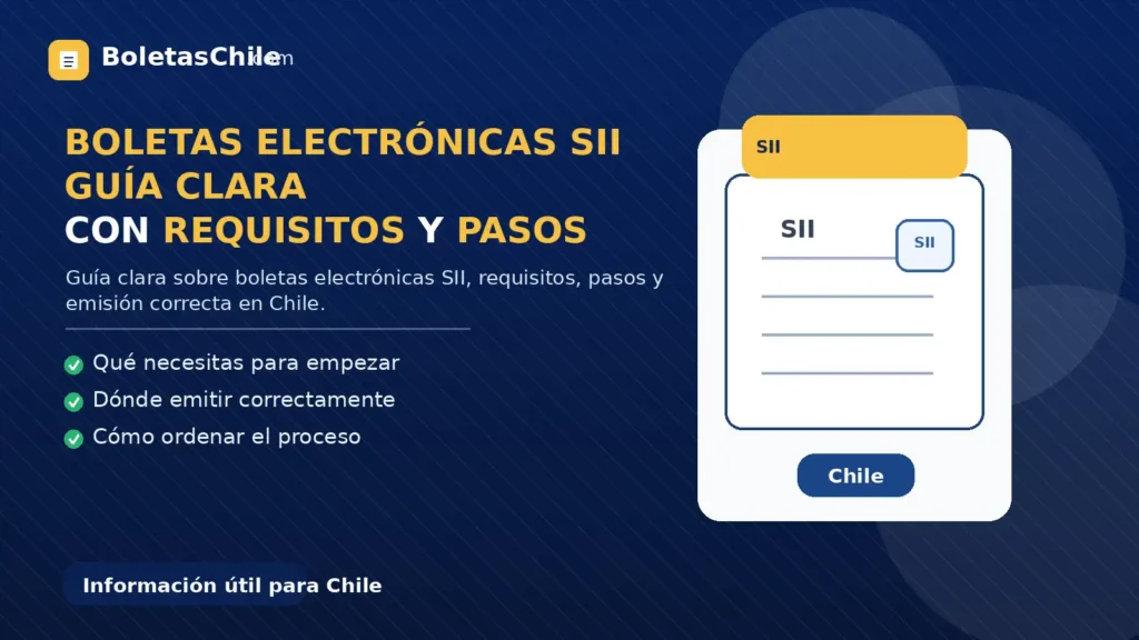Imagen formal de BoletasChile.com sobre boletas electrónicas SII, guía clara con requisitos y pasos en Chile.