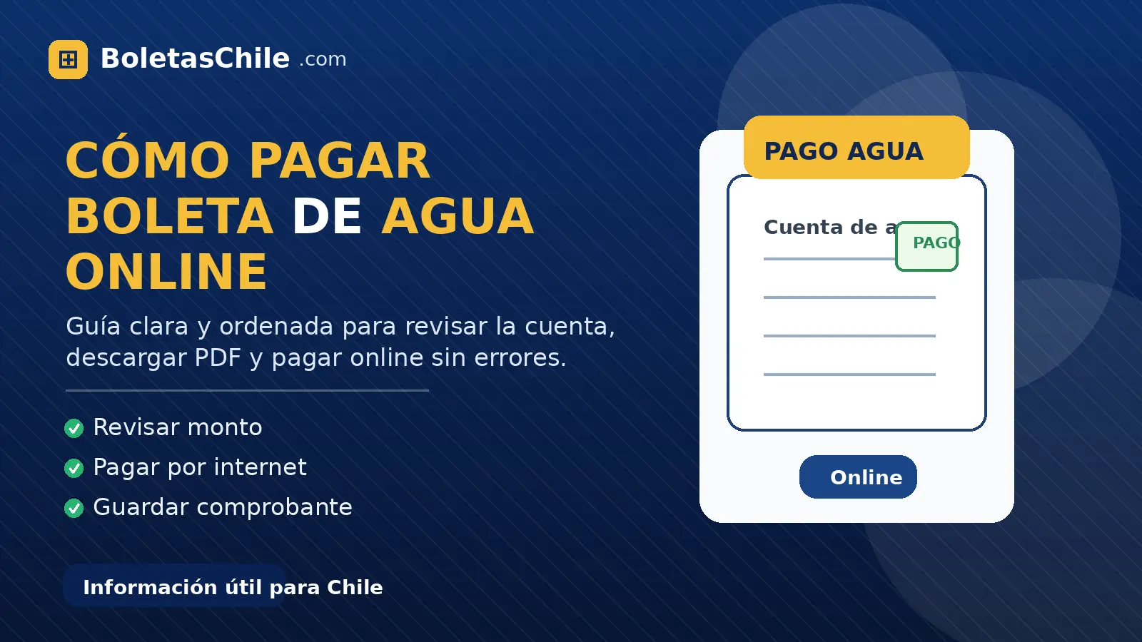 Imagen formal de BoletasChile.com sobre cómo pagar una boleta de agua online y revisar el monto antes de confirmar.
