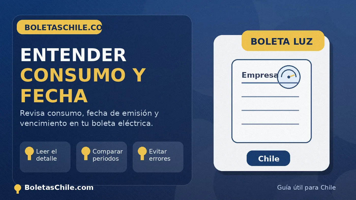 Imagen formal de BoletasChile.com sobre cómo entender el consumo y la fecha de vencimiento en una boleta eléctrica en Chile.