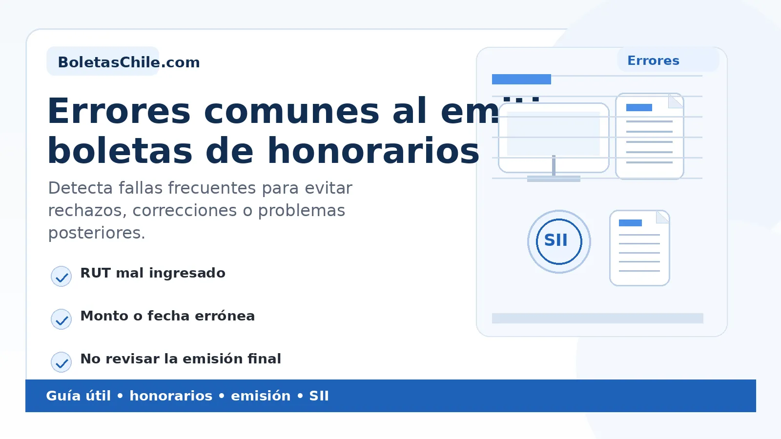 Imagen SEO de BoletasChile.com sobre errores comunes al emitir boletas de honorarios en Chile.
