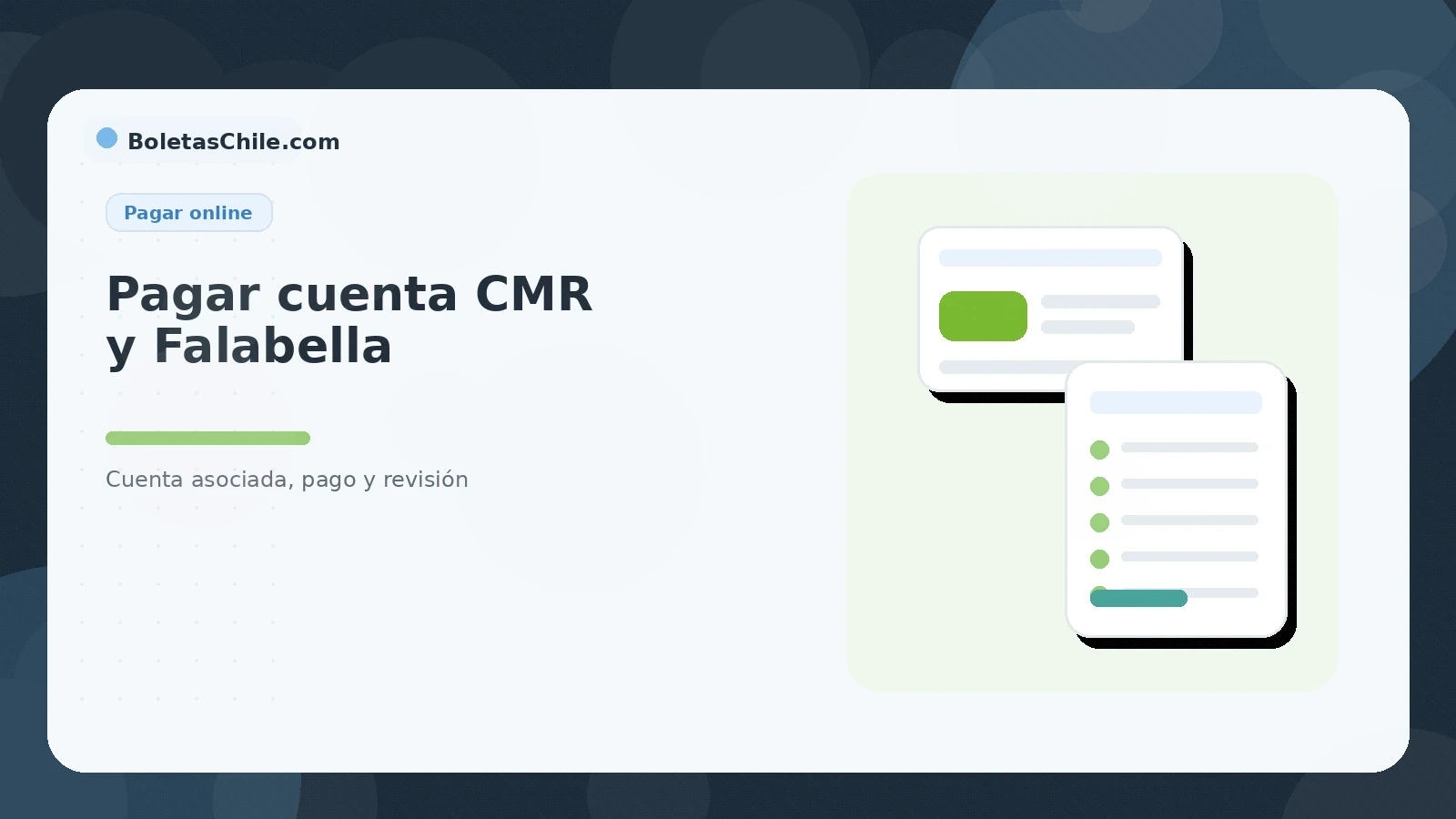 Imagen SEO de BoletasChile.com sobre pagar cuenta CMR o Falabella, revisar pago y estado de la cuenta asociada.