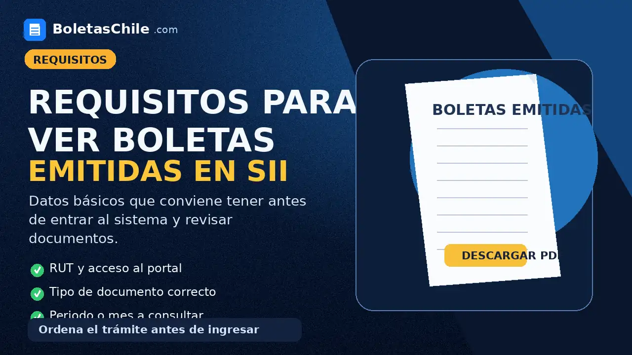 Imagen SEO de BoletasChile.com sobre requisitos para ver boletas emitidas en el SII en Chile.