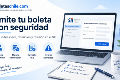 Boleta de honorarios electrónica en Chile con revisión de datos, monto, retención y emisión en el SII
