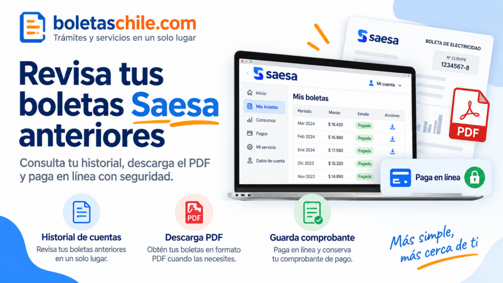 Consulta de boletas Saesa antiguas con historial de cuentas, descarga en PDF y pago online desde la plataforma digital