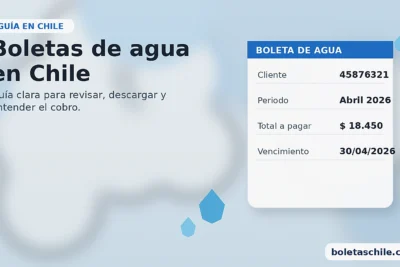 Boleta de agua en Chile con datos de cobro, total a pagar y logo boletaschile.com