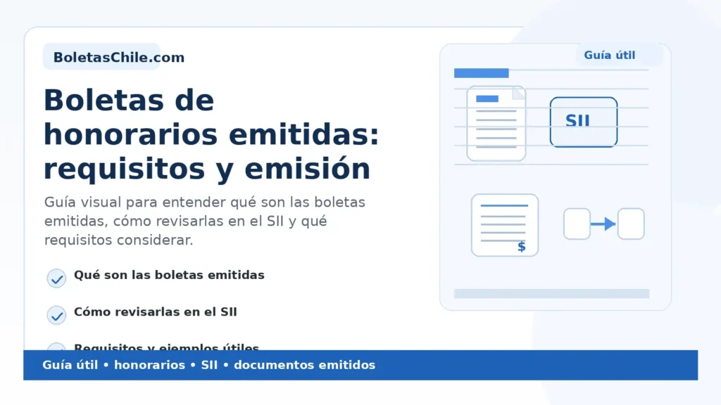 Imagen formal de BoletasChile.com sobre boletas de honorarios emitidas, requisitos, emisión en el SII y ejemplos.