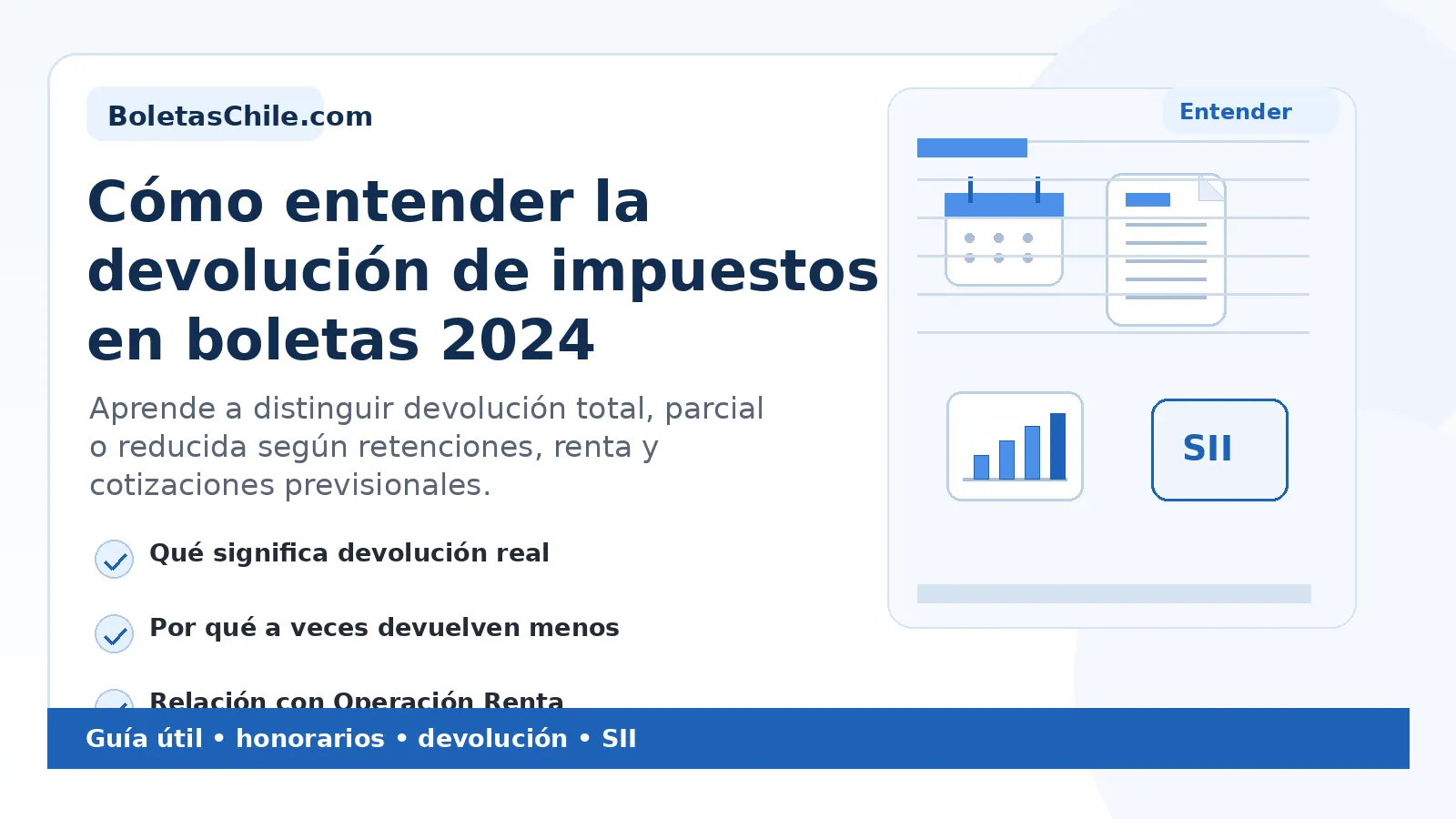 Imagen SEO de BoletasChile.com sobre cómo entender la devolución de impuestos en boletas de honorarios 2024.