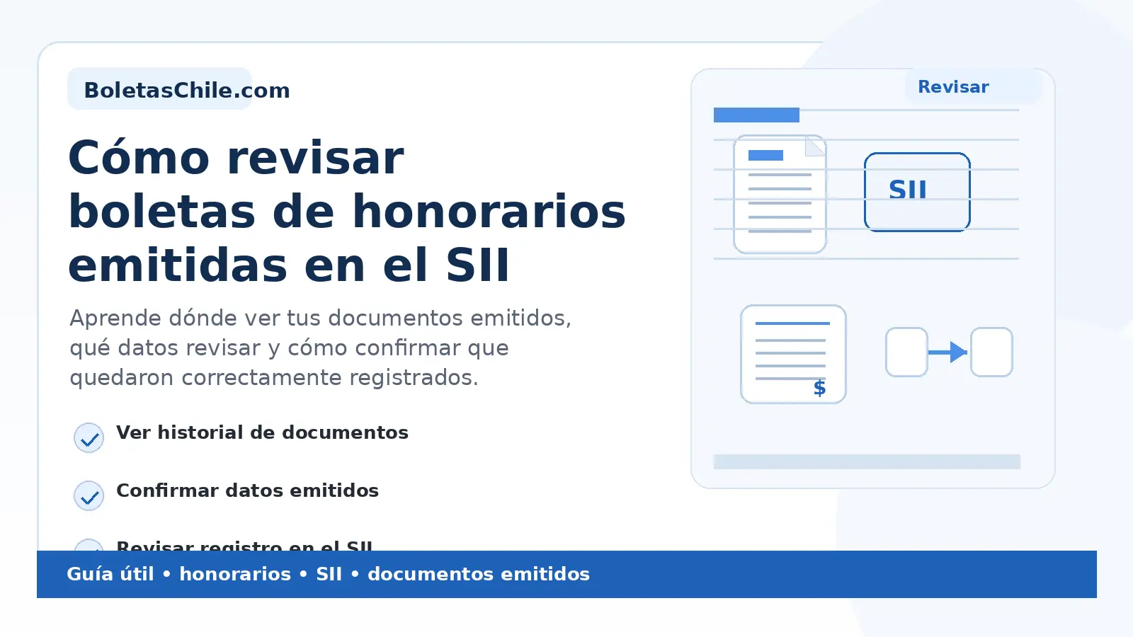 Imagen SEO de BoletasChile.com sobre cómo revisar boletas de honorarios emitidas en el SII.
