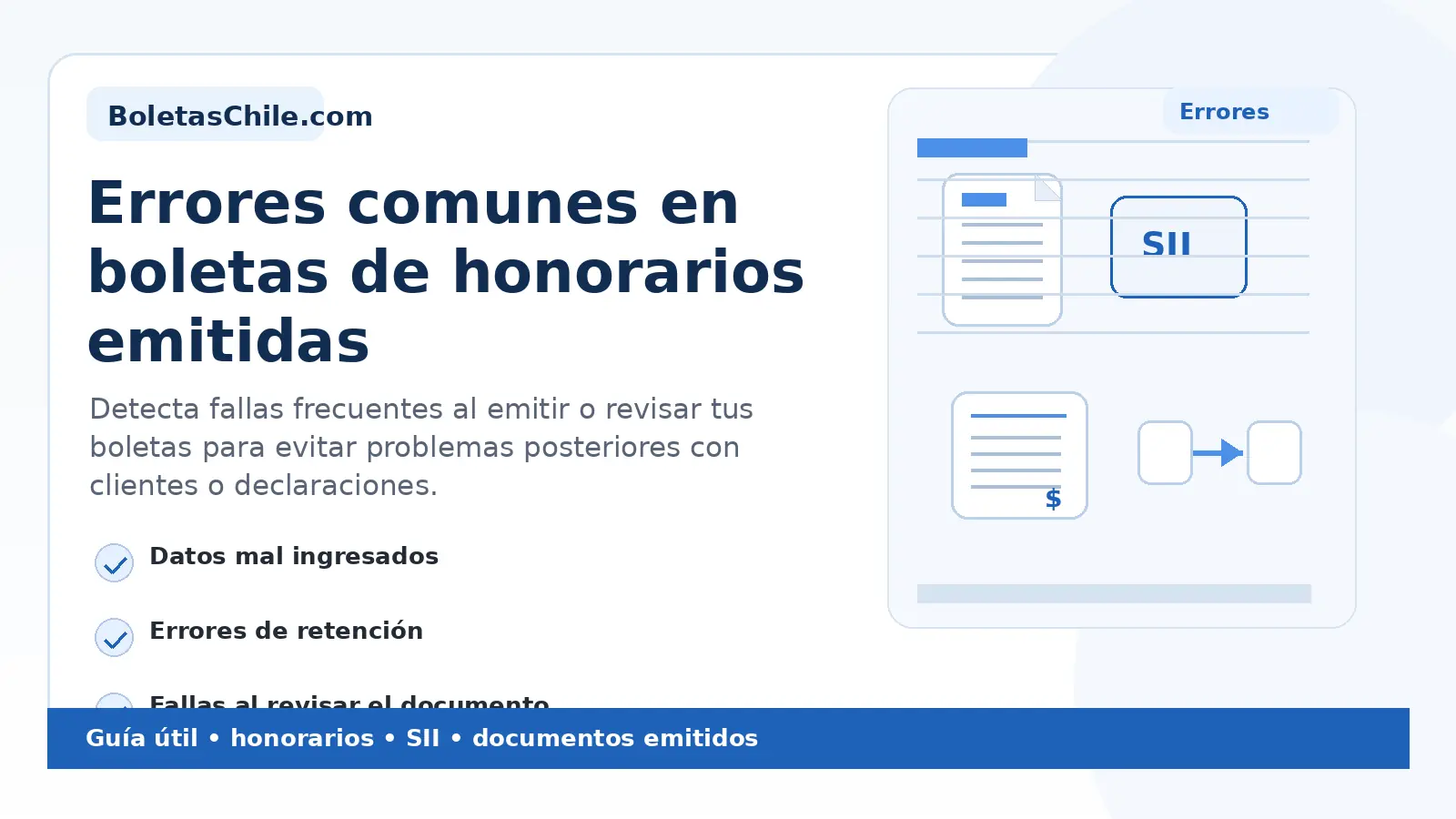 Imagen SEO de BoletasChile.com sobre errores comunes en boletas de honorarios emitidas.