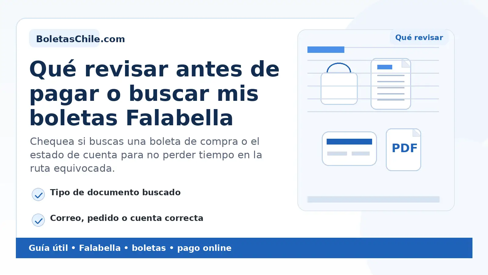 Imagen formal de BoletasChile.com sobre qué revisar antes de pagar o buscar mis boletas Falabella.