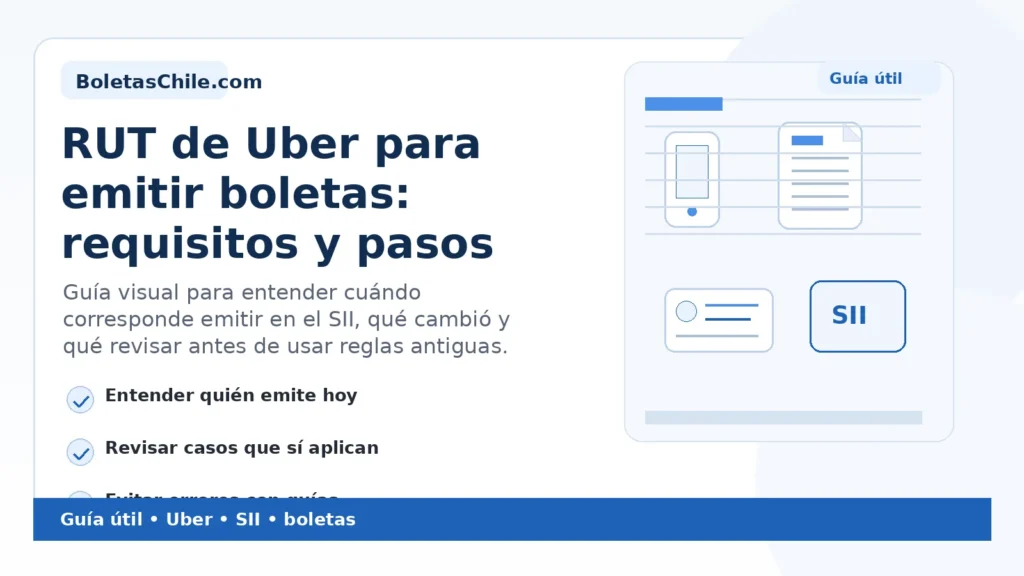 Imagen formal de BoletasChile.com sobre RUT de Uber para emitir boletas, cómo emitir en el SII, requisitos y pasos.